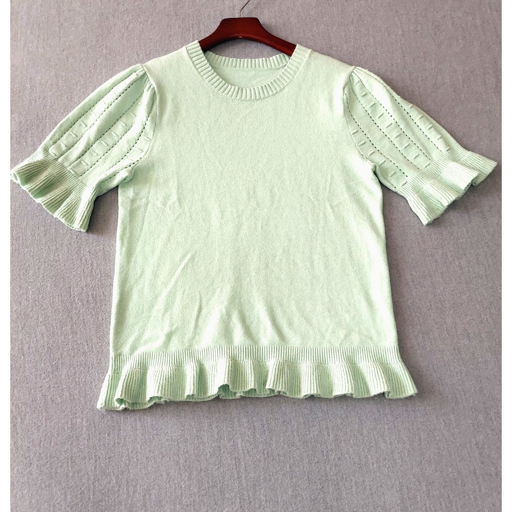 Womens Short Sleeve Knit Sweater Top L Green Puff‎ Sleeve Ruffle Hem Cottagecore